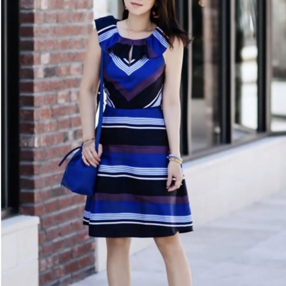 Banana Republic Stripe Ruffle Dress Cut away Blue Navy Flare Cocktail Silk